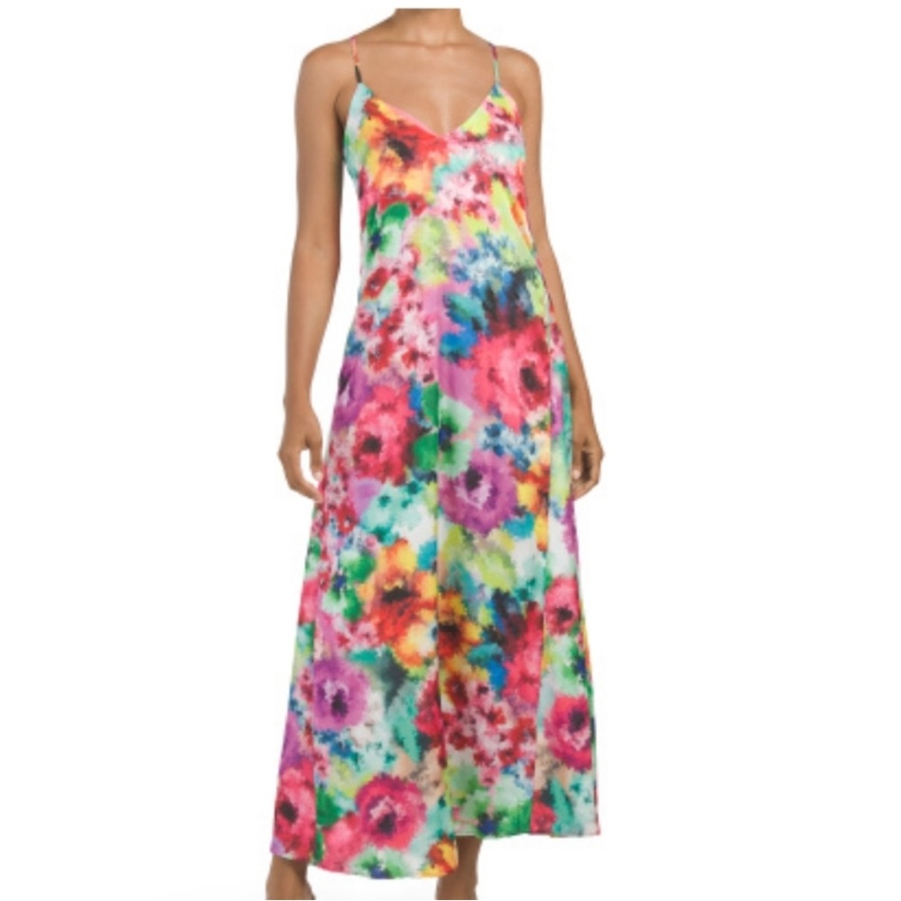 NICOLE MILLER Watercolor Floral Maxi Dress Spaghetti Straps Racerback Pockets XS